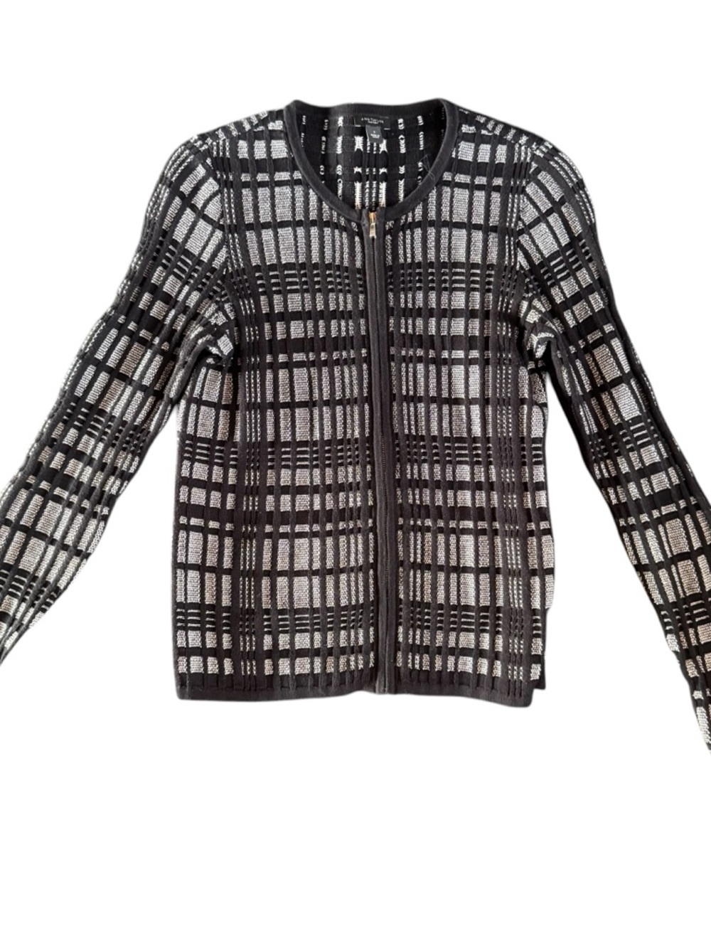 Ann Taylor Black and White Check Zip-Front Knit Jacket